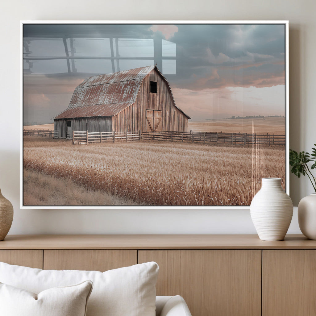 Rustic Barn Wall Art Canvas Print, Framed Wheat Field Scene