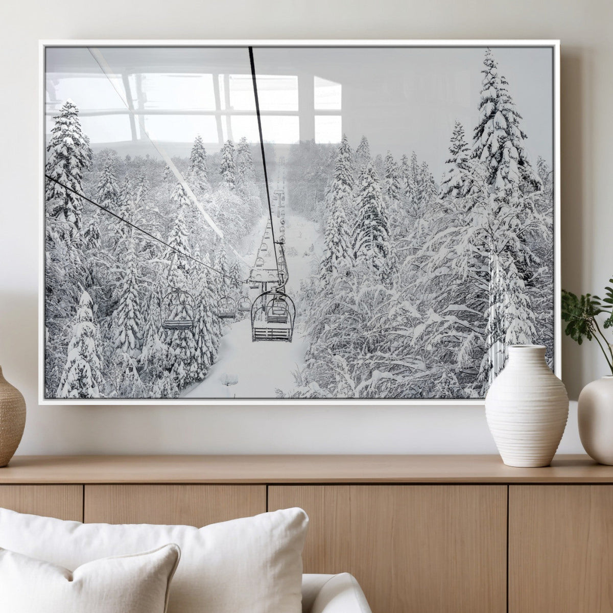 Snowy Ski Lift Wall Art | Framed Winter Mountain Canvas