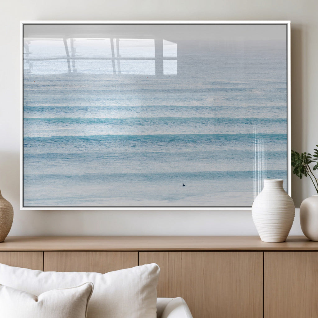 Ocean Wave Surfer Wall Art | Framed Minimal Seascape Canvas