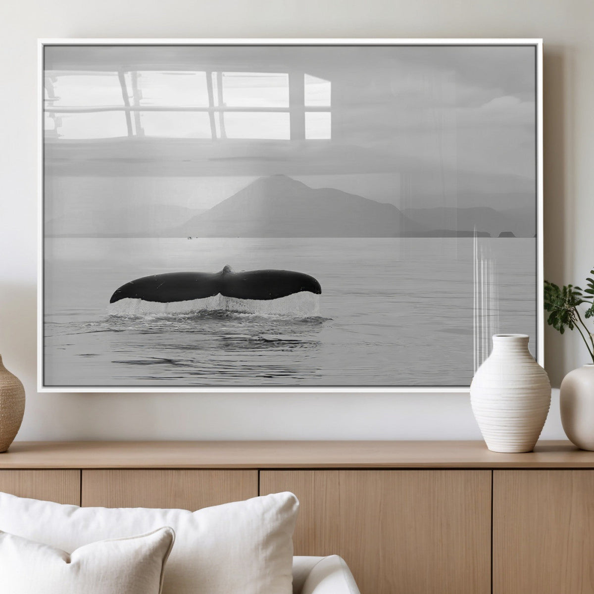 Whale Tail Wall Art | Framed Black White Ocean Canvas