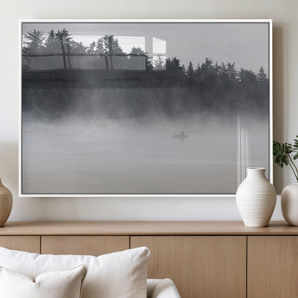Surfer Fog Wall Art Canvas Print, Framed Foggy Beach and Coastal Surf Scene