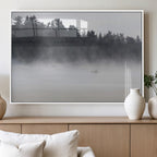 Surfer Fog Wall Art Canvas Print, Framed Foggy Beach and Coastal Surf Scene
