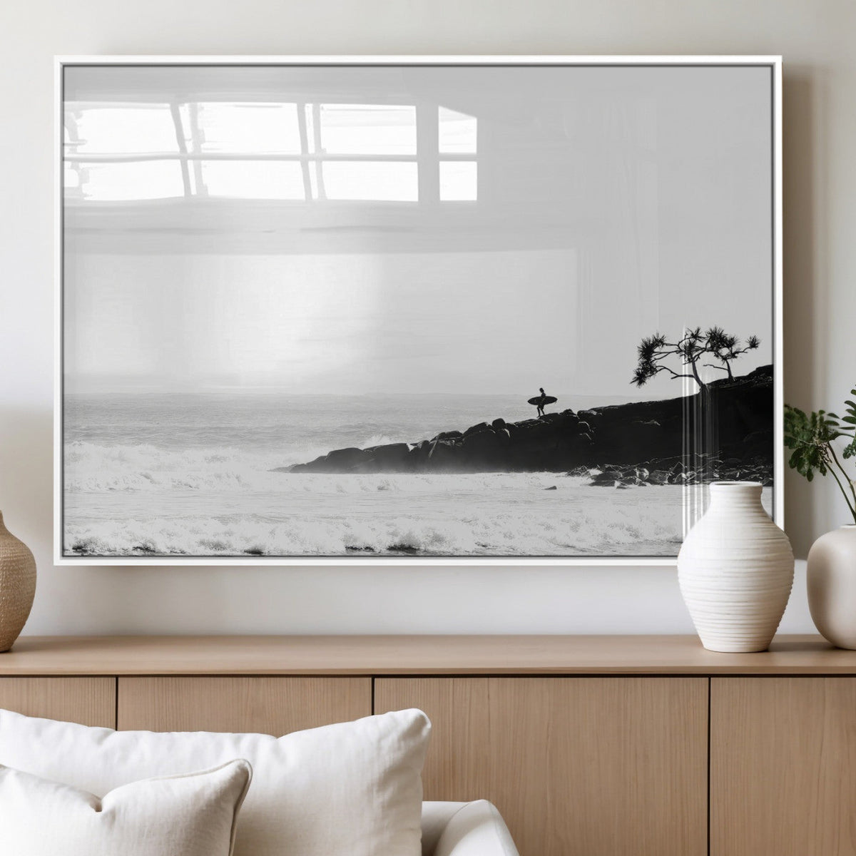 Surfer Cliffs Wall Art Canvas Print, Framed Black White Beach and Ocean Waves