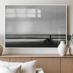 Motorcycle Beach Wall Art Canvas Print, Framed Vintage Biker Silhouette Artwork