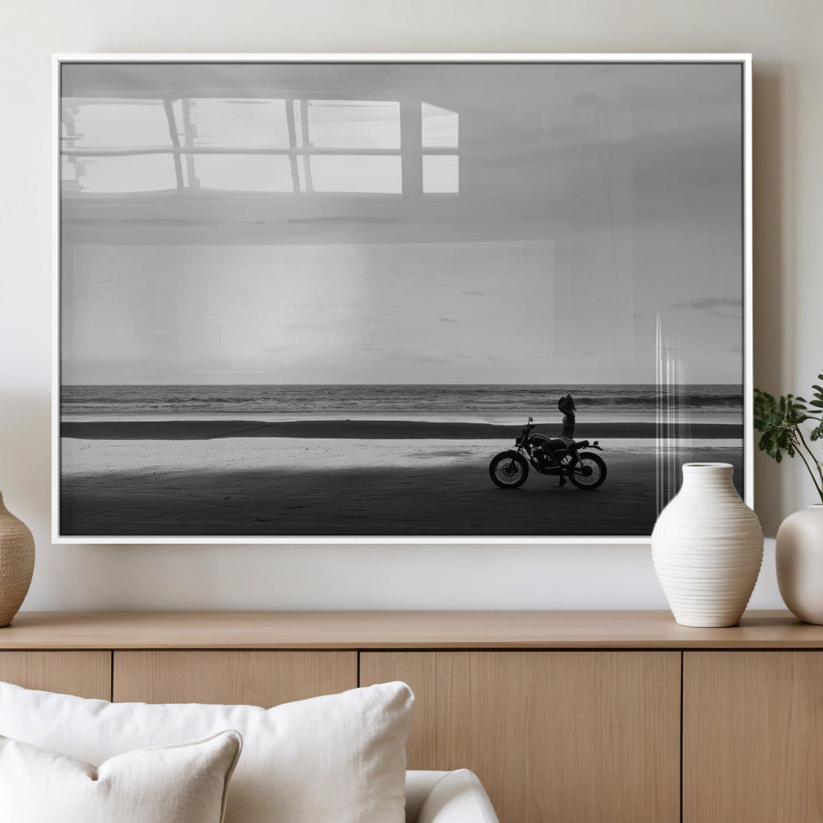 Motorcycle Beach Wall Art Canvas Print, Framed Vintage Biker Silhouette Artwork
