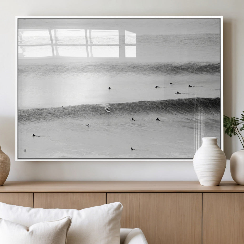 Black White Ocean Wall Art Canvas Print, Framed Coastal Sport and Ocean Swimmers Scene