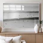 Black White Ocean Wall Art Canvas Print, Framed Coastal Sport and Ocean Swimmers Scene