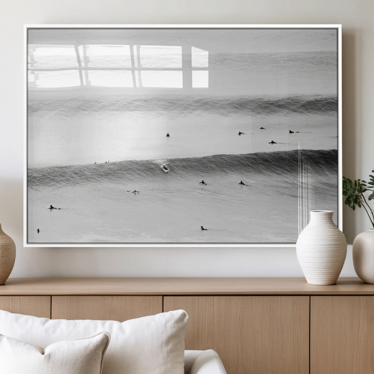 Black White Ocean Wall Art Canvas Print, Framed Coastal Sport and Ocean Swimmers Scene