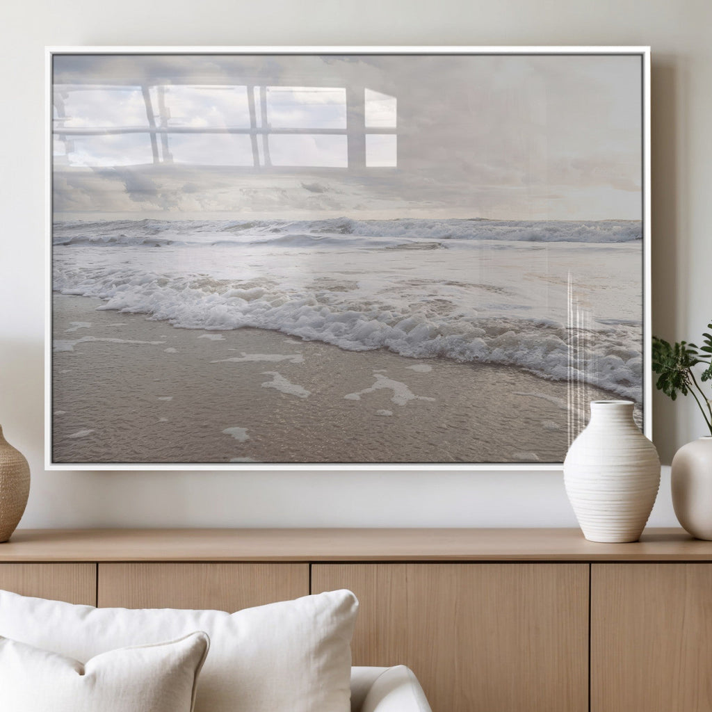 Ocean Waves Wall Art Canvas Print, Framed Coastal Shoreline Sea Foam Artwork