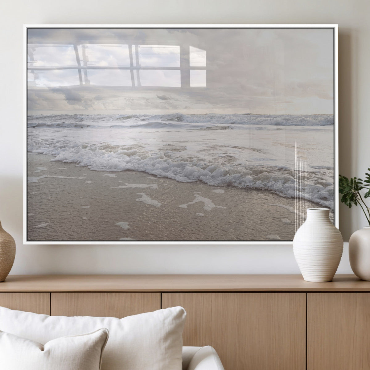 Ocean Waves Wall Art Canvas Print, Framed Coastal Shoreline Sea Foam Artwork