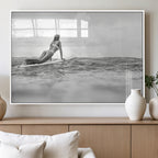 Black and White Surfing Wall Art Canvas Print, Framed Ocean Horizon Surfer Girl