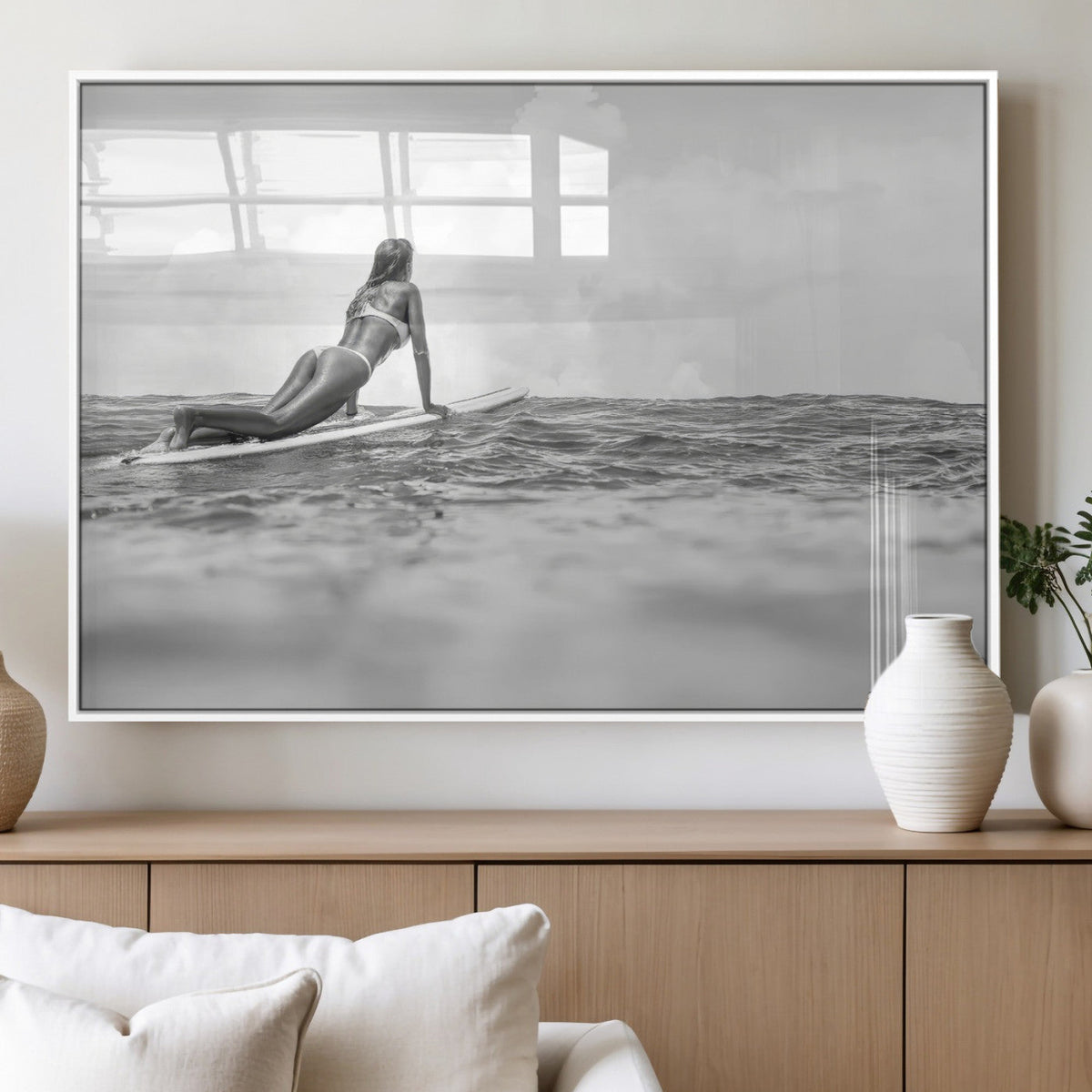 Black and White Surfing Wall Art Canvas Print, Framed Ocean Horizon Surfer Girl