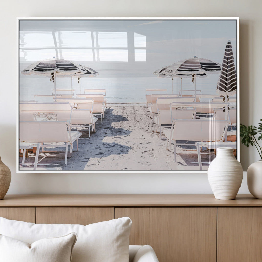 Minimalist Beach Wall Art Canvas Print, Framed Pastel Sand and Striped Umbrella Artwork