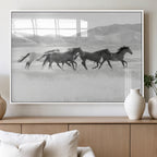 Wild Horses Running Wall Art Canvas Print, Framed Black White Mustangs Artwork