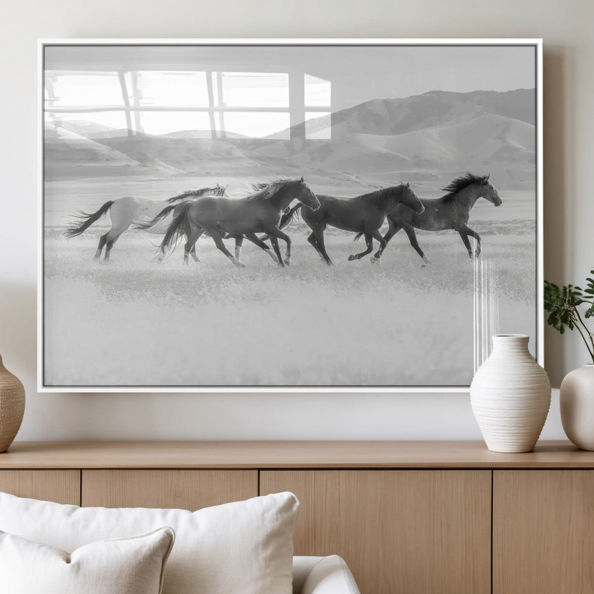 Wild Horses Running Wall Art Canvas Print, Framed Black White Mustangs Artwork