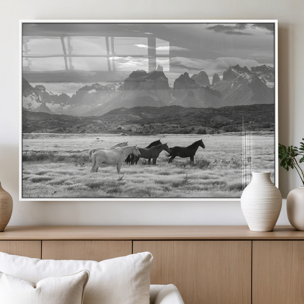 Wild Horses Wall Art | Framed Black White Mountain Canvas