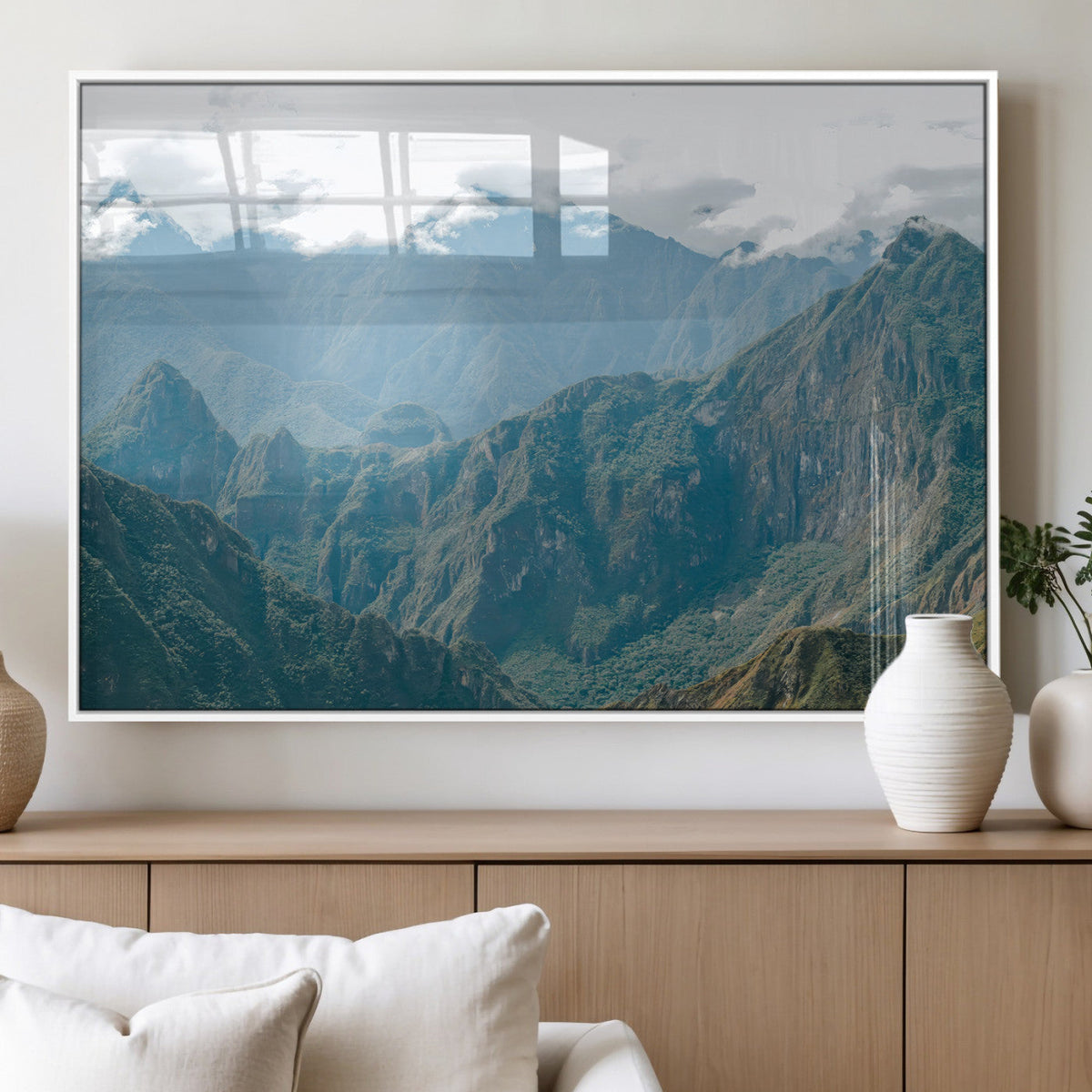 Misty Mountain Wall Art Canvas Print, Framed Cloudy Andean Art, Rugged Mountain Landscape