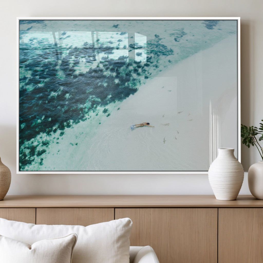 Minimal Beach Wall Art Canvas Print, Framed Ocean Swimming Art, Clear Ocean Decor