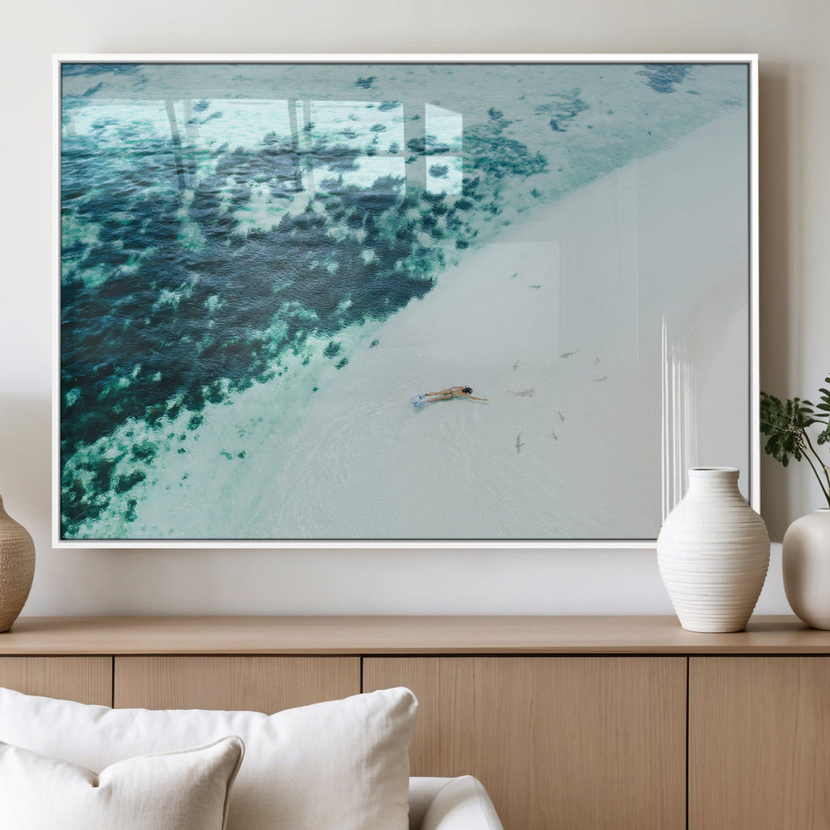 Minimal Beach Wall Art Canvas Print, Framed Ocean Swimming Art, Clear Ocean Decor