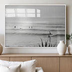 Surfer Silhouette Wall Art, Framed Calm Ocean Monochrome Surf Canvas Print