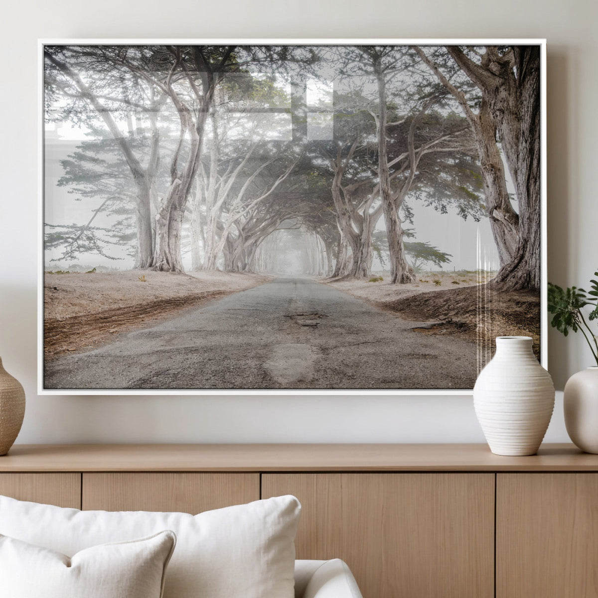 Cypress Tunnel Wall Art | Framed Misty Road Canvas Artwork