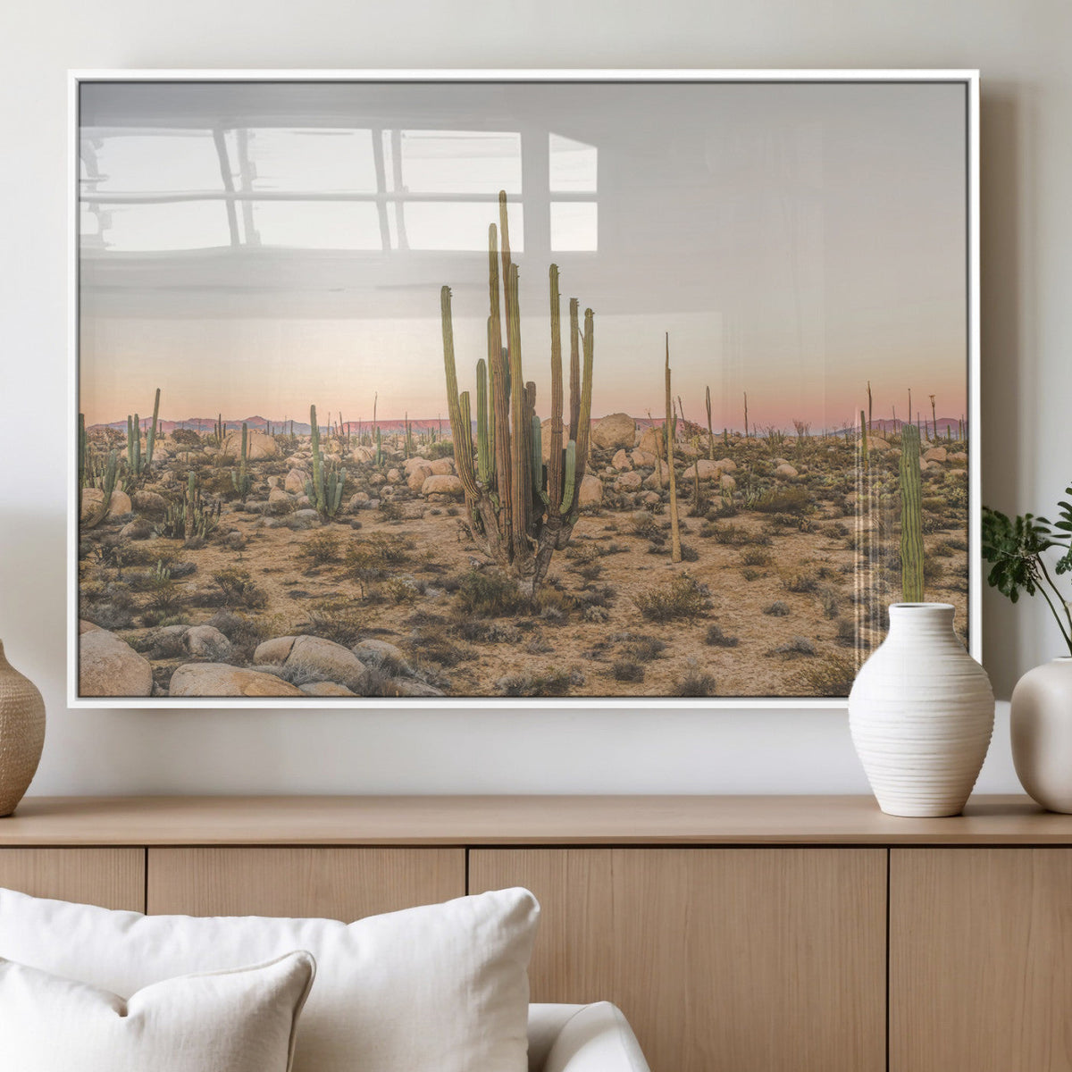 Desert Cactus Wall Art Canvas Print, Framed Baja Desert Art, Pastel Southwestern Decor