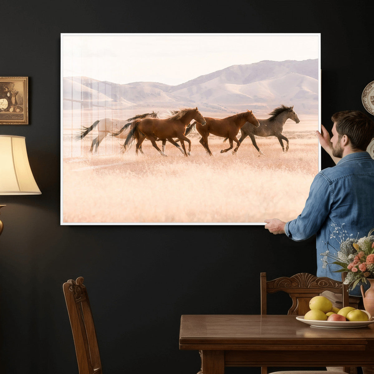 Wild Horse Wall Art Canvas Print, Framed Rustic Western Art, Desert Horse Scene