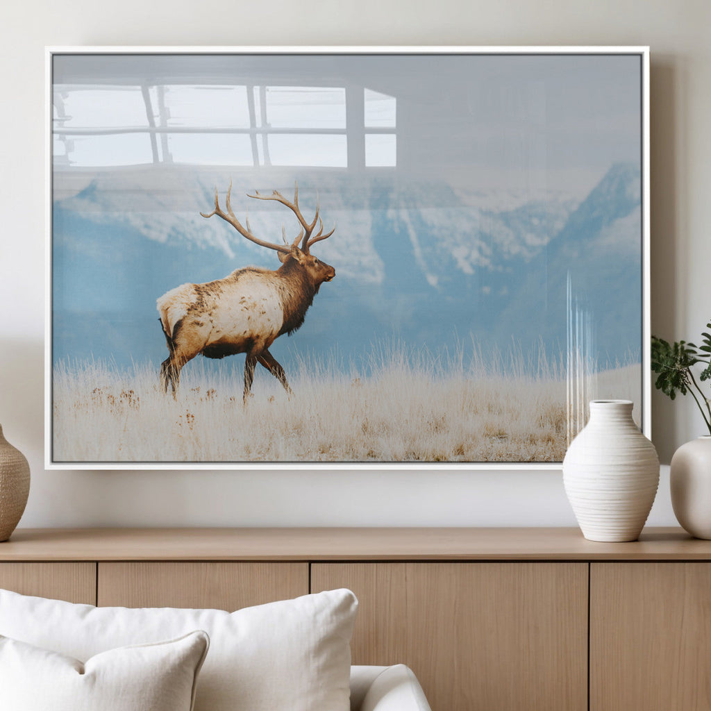 Mountain Elk Wall Art Canvas Print, Framed Rustic Wildlife Art, Lodge Style Decor