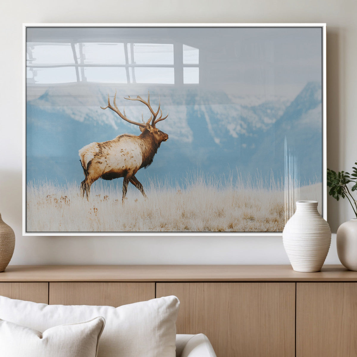 Mountain Elk Wall Art Canvas Print, Framed Rustic Wildlife Art, Lodge Style Decor
