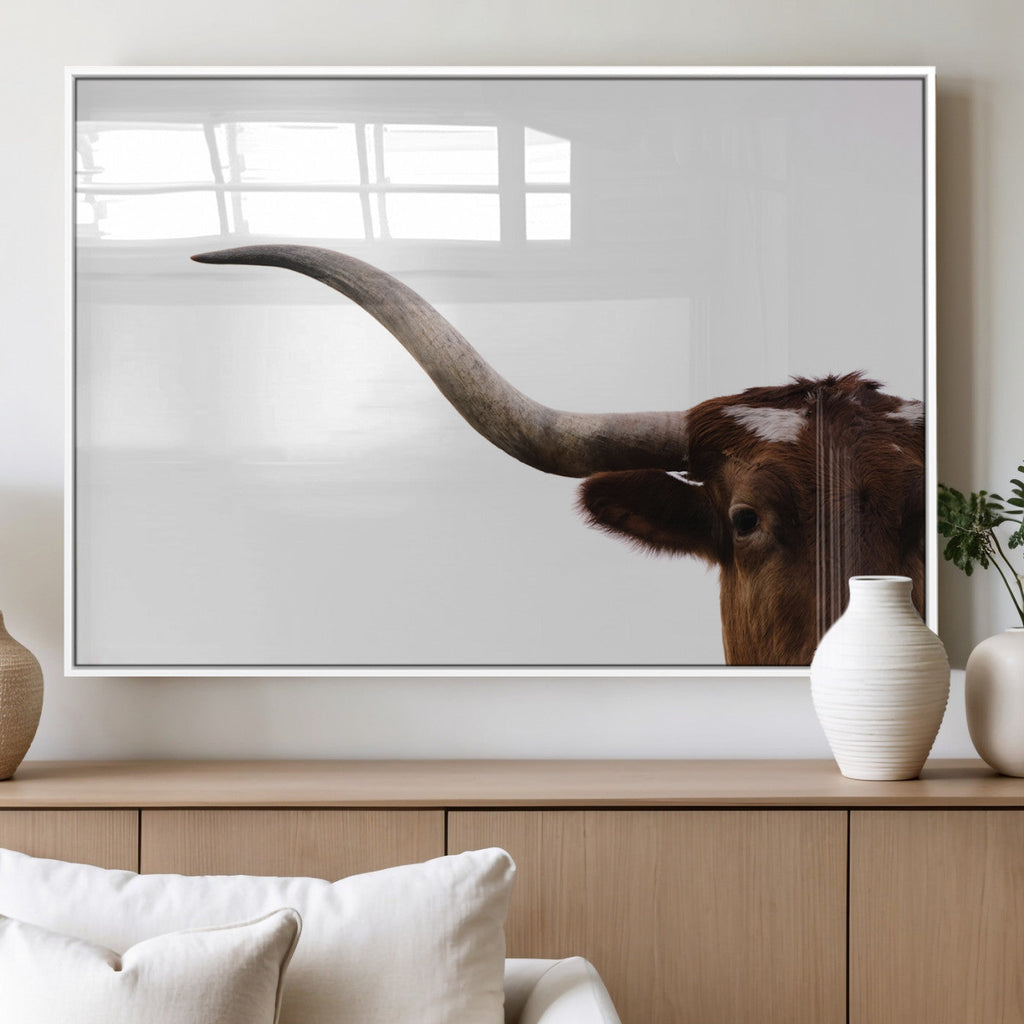 Texas Longhorn Wall Art Canvas Print, Framed Minimalist Cow Art, Ranch Style Decor