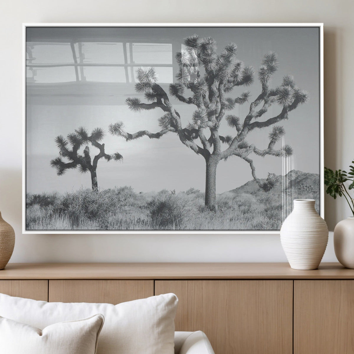 Joshua Tree Wall Art Canvas Print, Framed Black and White Desert Landscape Artwork