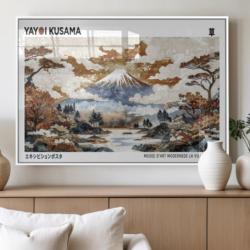 Modern Japanese Mount Fuji Canvas Art Print, Yayoi Kusama Wall Art, Framed Abstract Japanese Landscape