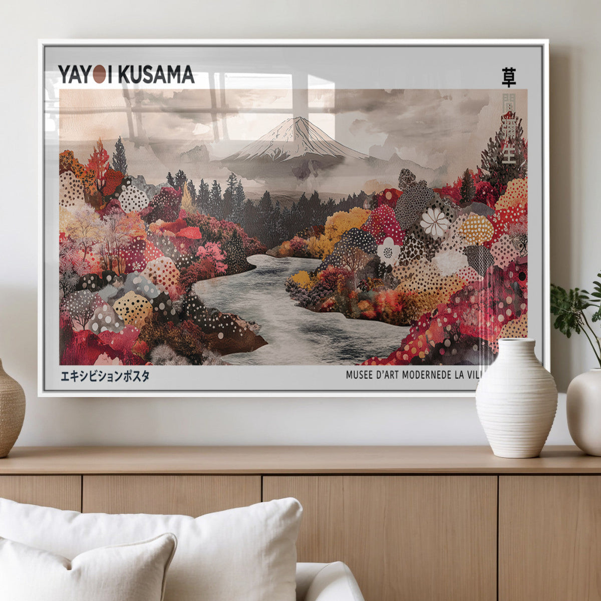 Modern Japanese Wall Art Canvas Print, Framed Abstract Mount Fuji Art, Yayoi Kusama Japanese Landscape