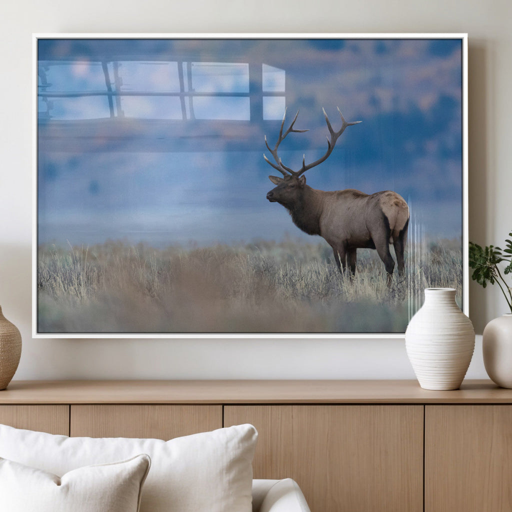 Elk Wall Decor Canvas Print, Framed Rustic Wildlife Art, Mountain Elk Landscape