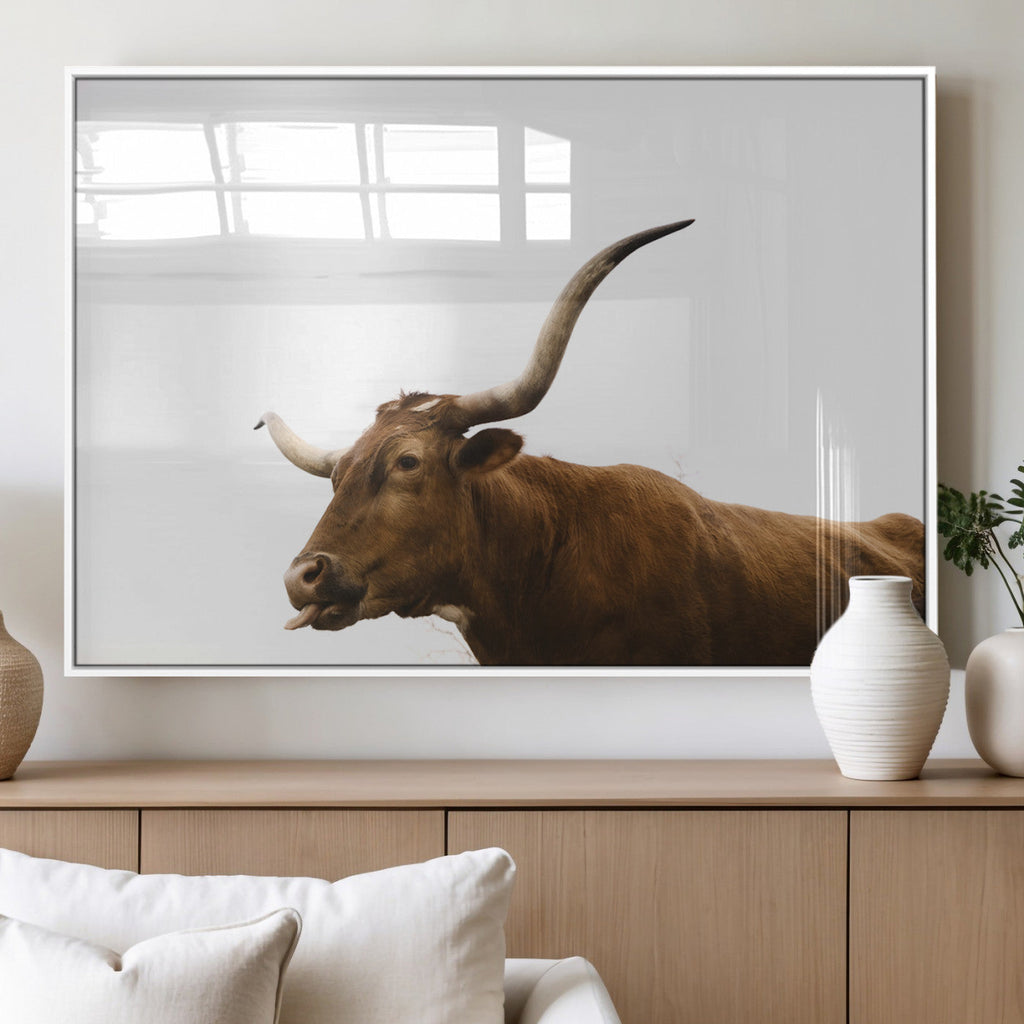 Longhorn Cow Wall Art Canvas Print, Framed Rustic Texas Bull Animal Decor