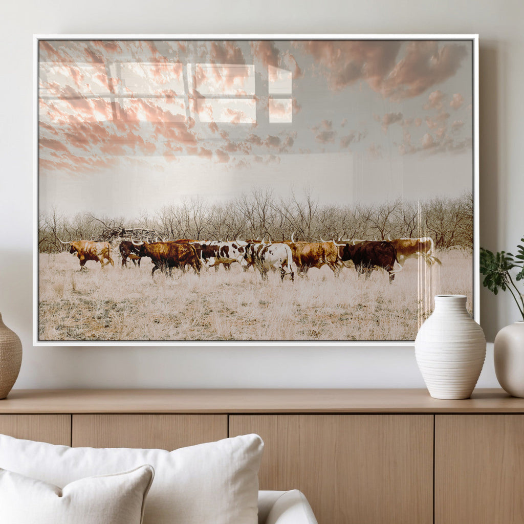 Country Cow Herd Wall Art Canvas Print, Framed Farmhouse Cattle Scene, Rustic Ranch Decor