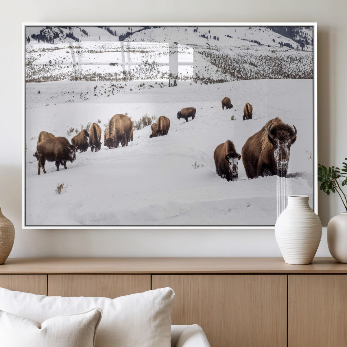 Bison Herd Wall Art Canvas Print, Framed Western Wildlife Decor, Snowy Mountain Valley