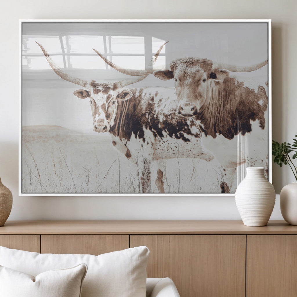Longhorn Cow Wall Art Canvas Print, Framed Rustic Cattle Art, Sepia Western Decor