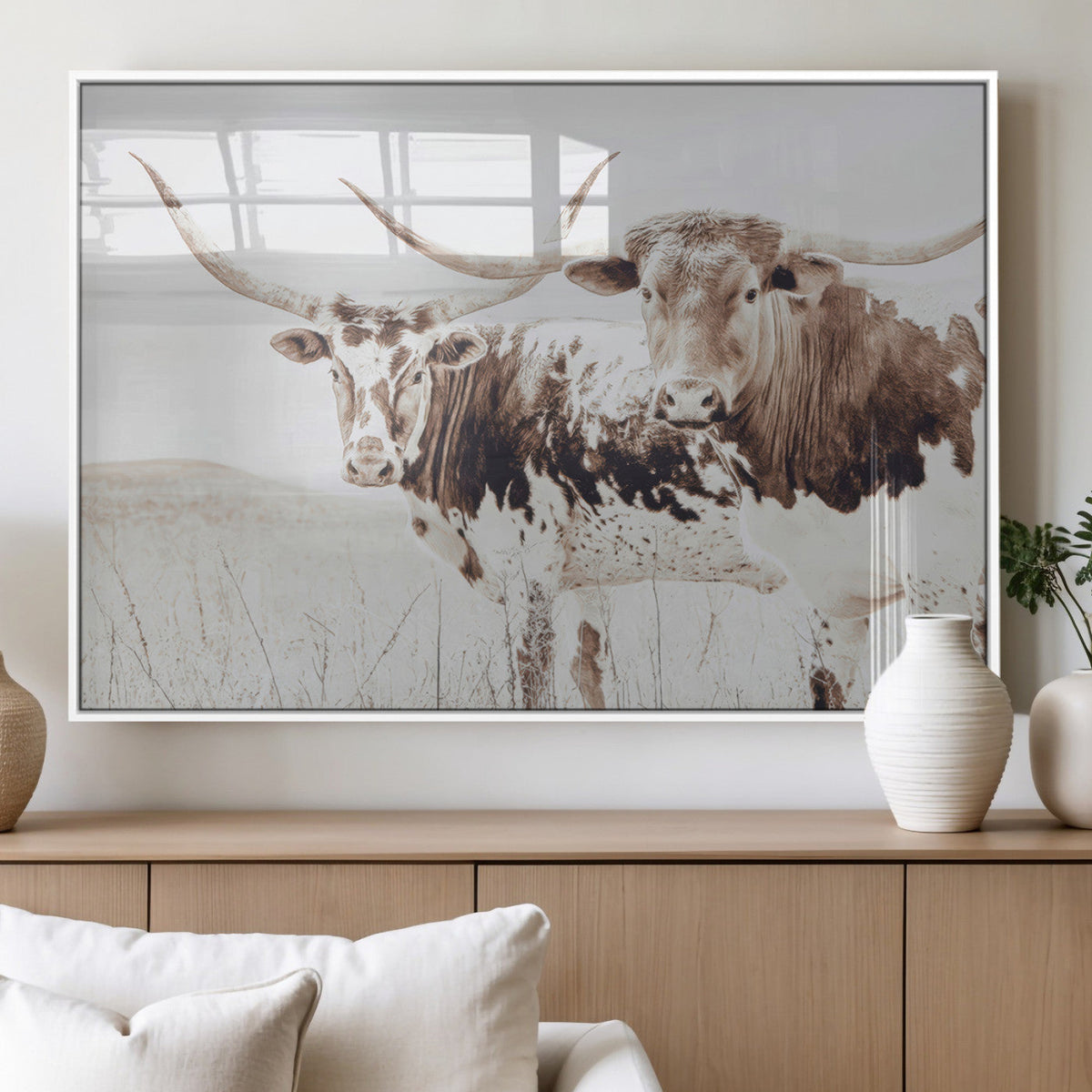 Longhorn Cow Wall Art Canvas Print, Framed Rustic Cattle Art, Sepia Western Decor