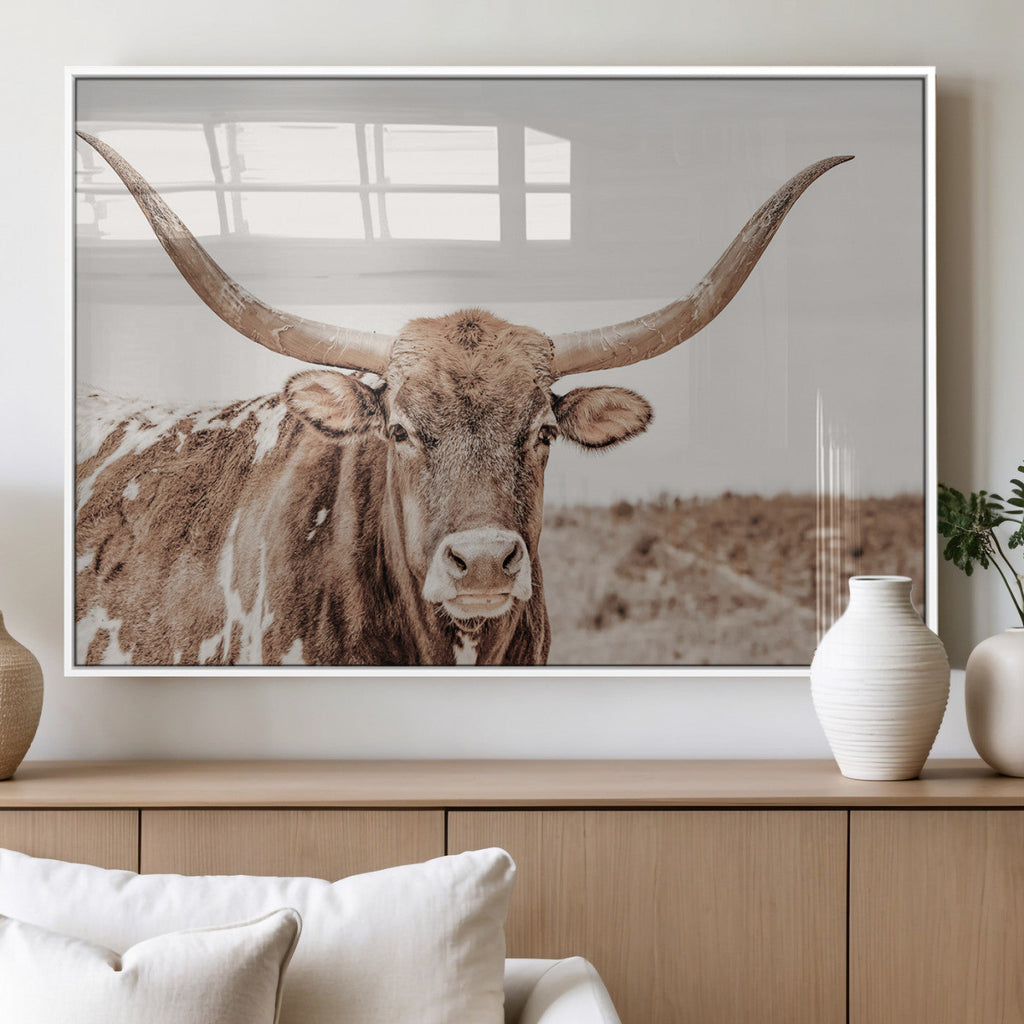 Longhorn Bull Wall Art Canvas Print, Framed Rustic Cow Decor, Neutral Farmhouse Style