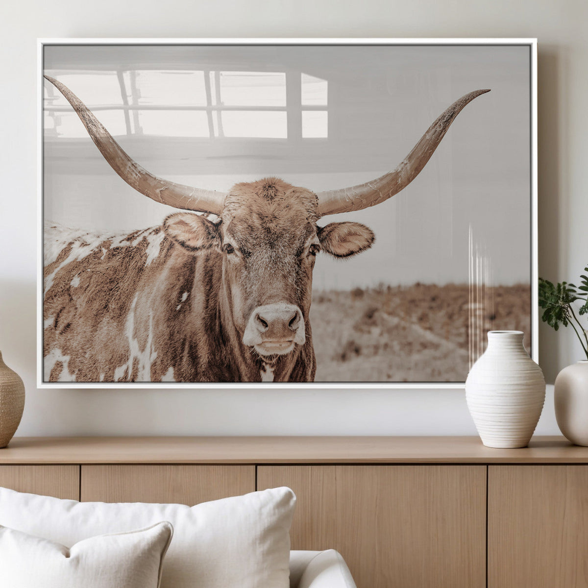 Longhorn Bull Wall Art Canvas Print, Framed Rustic Cow Decor, Neutral Farmhouse Style