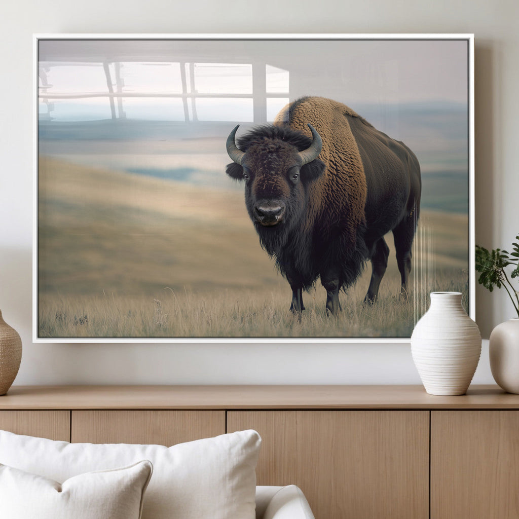 Bison Wall Art Canvas Print, Framed American Buffalo Rustic Western Artwork