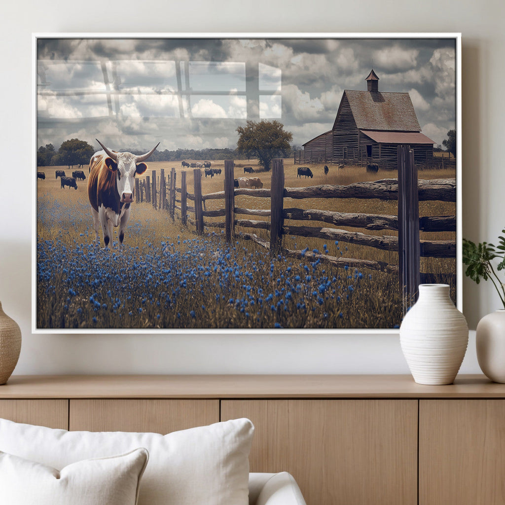 Texas Longhorn Canvas Wall Art Print, Framed Rustic Barn Farmhouse Decor