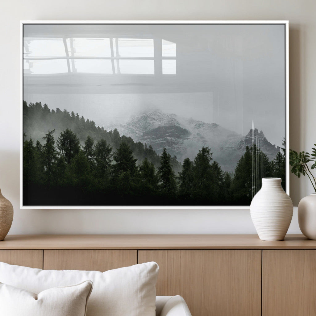 Misty Mountains Wall Art Canvas Print, Framed Foggy Forest Art, Snowy Peaks Landscape