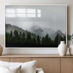 Misty Mountains Wall Art Canvas Print, Framed Foggy Forest Art, Snowy Peaks Landscape
