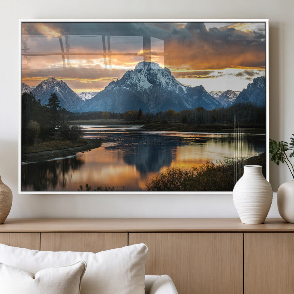 Mountain Sunset Wall Art Canvas Print, Framed Alpine Wilderness Art, Golden Hour Lake