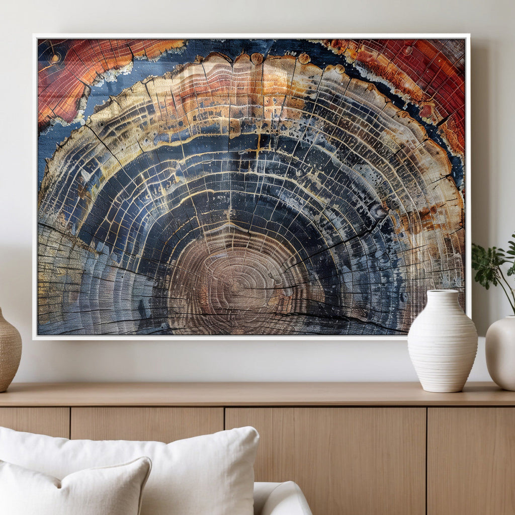 Tree Rings Wall Art Canvas Print, Framed Petrified Wood Art, Modern Rustic Decor