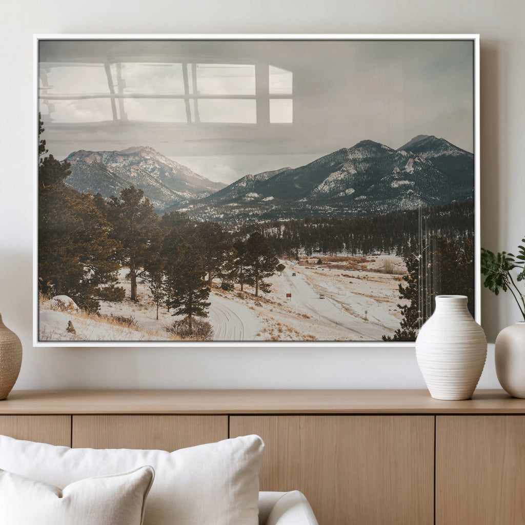 Mountain Landscape Wall Art Canvas Print, Framed Snowy Peaks Alpine Winter