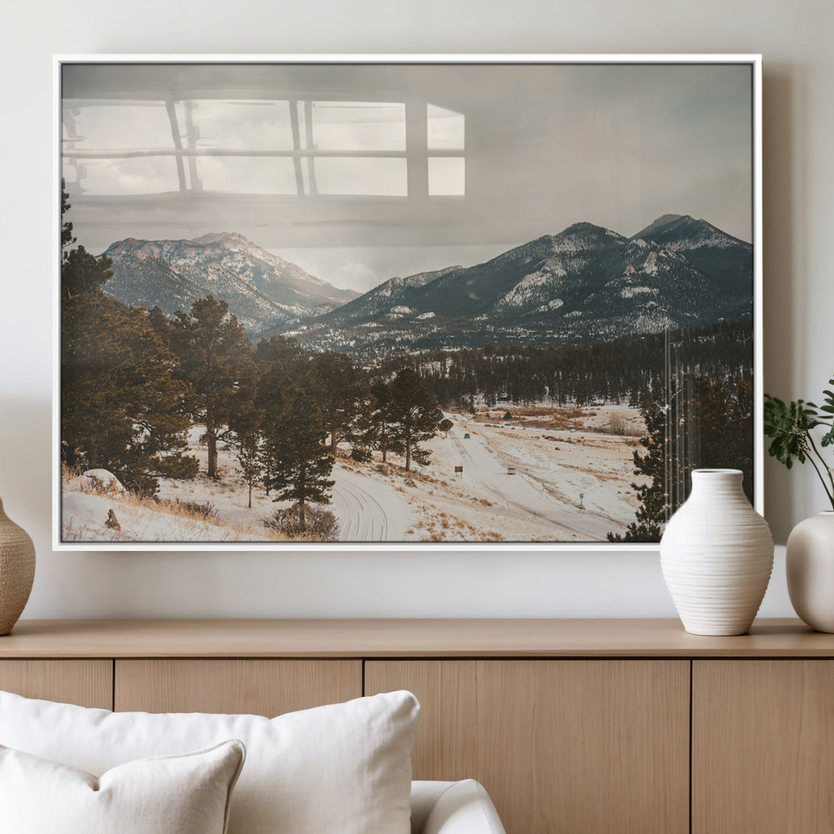 Mountain Landscape Wall Art Canvas Print, Framed Snowy Peaks Alpine Winter