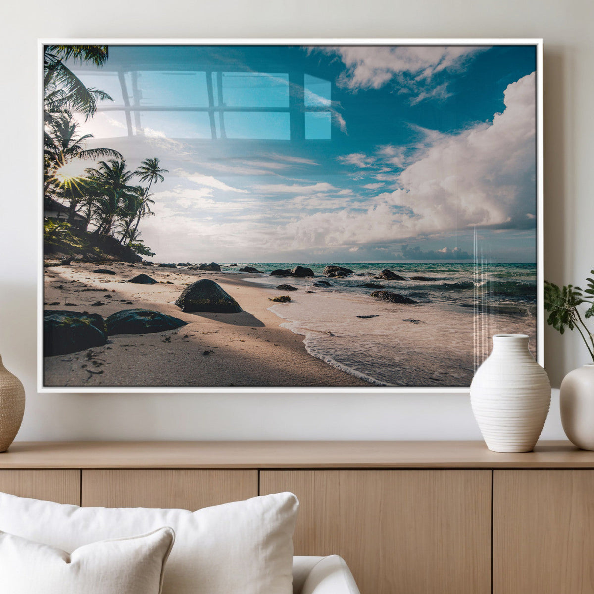 Tropical Beach Wall Art Canvas Print, Framed Ocean Waves Relaxing Seascape